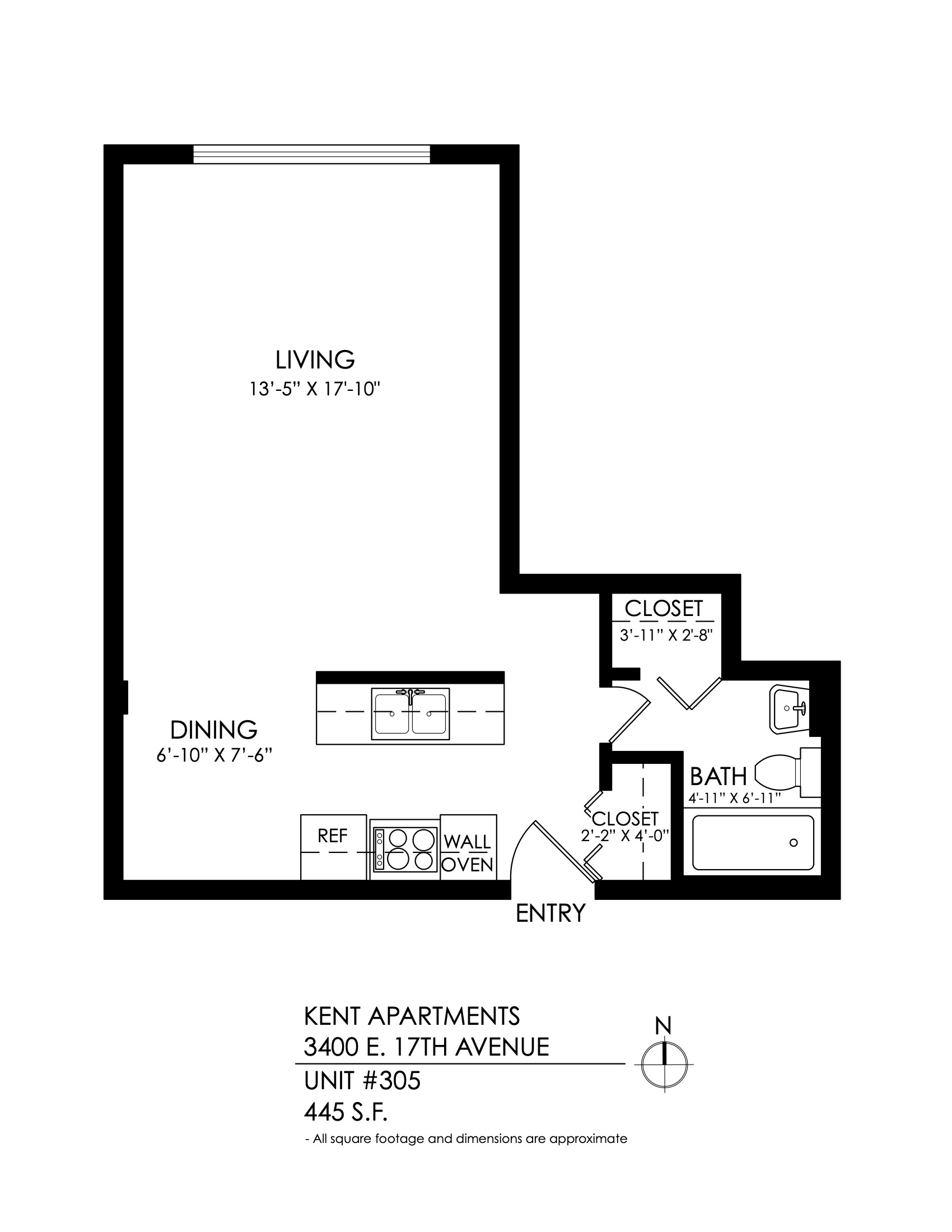 Floor plan for studio, 1 bath, 445 sqft